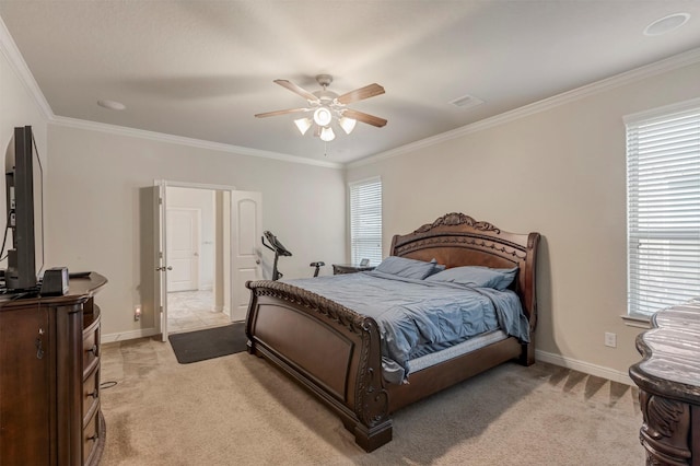 bedroom with visible vents, a ceiling fan, light carpet, ornamental molding, and baseboards
