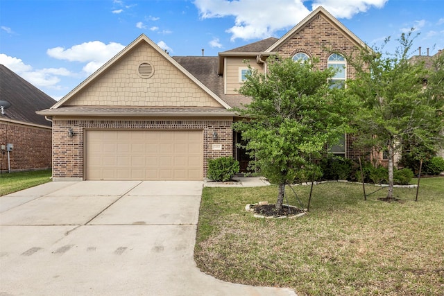 view of front of home with a shingled roof, a front lawn, concrete driveway, an attached garage, and brick siding