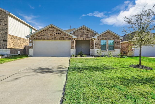 ranch-style house with a front lawn, brick siding, a garage, and driveway