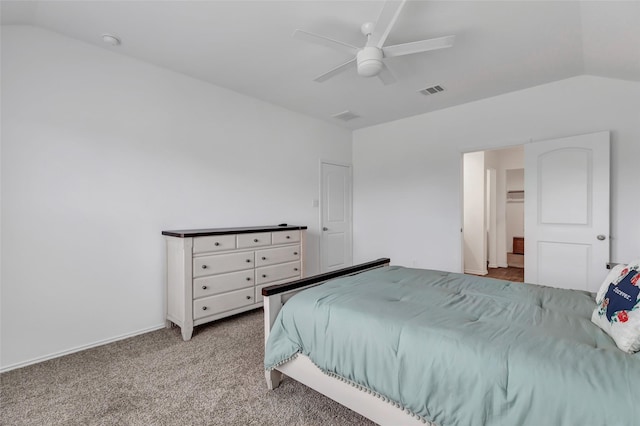 bedroom featuring visible vents, lofted ceiling, carpet, and ceiling fan