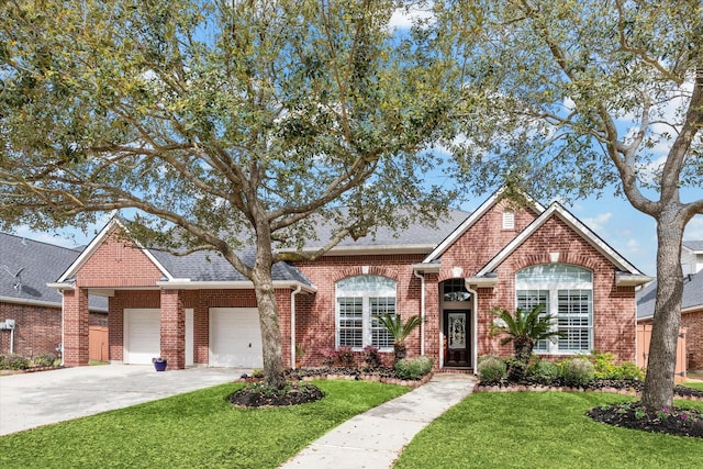 view of front of property featuring brick siding, an attached garage, a shingled roof, a front lawn, and driveway