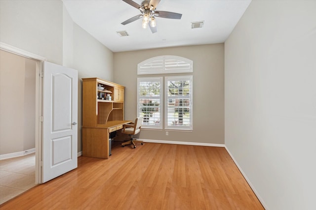 office featuring ceiling fan, baseboards, visible vents, and light wood-type flooring