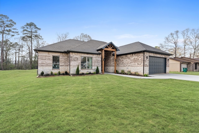 view of front of property with driveway, a shingled roof, an attached garage, a front lawn, and brick siding