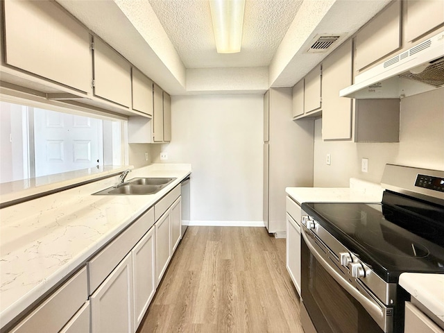 kitchen featuring light wood-style floors, stainless steel appliances, light countertops, under cabinet range hood, and a sink