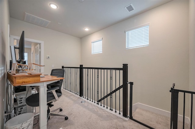 office area featuring recessed lighting, visible vents, carpet flooring, and baseboards