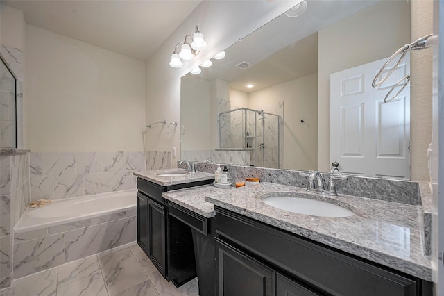 bathroom with visible vents, marble finish floor, vanity, a shower stall, and a bath