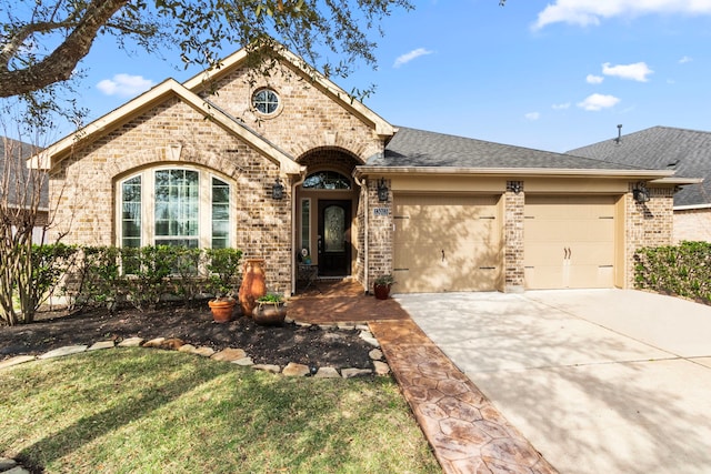 view of front of house featuring an attached garage, roof with shingles, concrete driveway, and brick siding