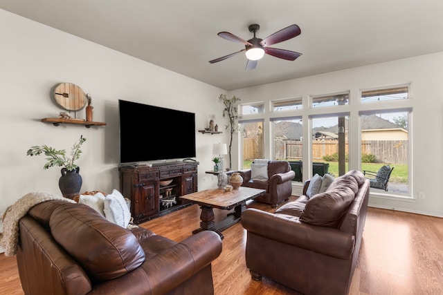 living area with ceiling fan and wood finished floors