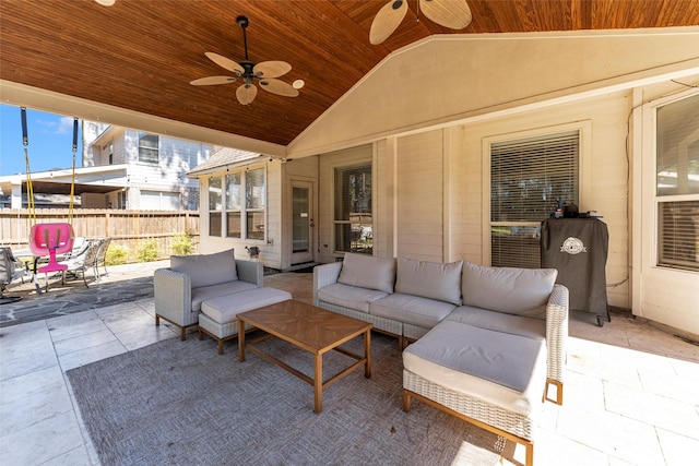 view of patio / terrace with ceiling fan, an outdoor hangout area, and fence