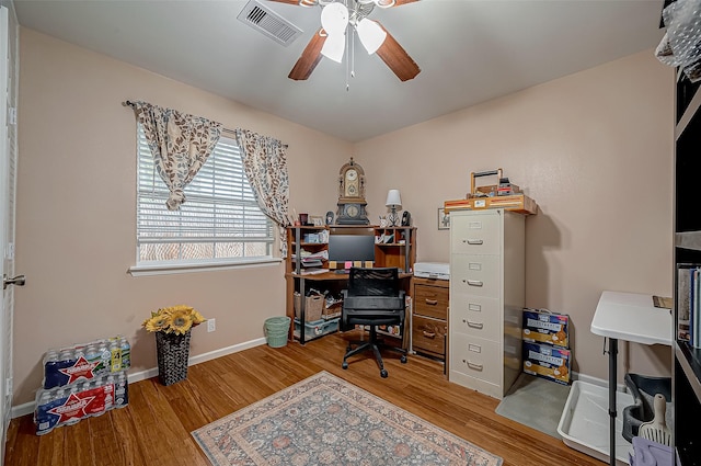 home office featuring a ceiling fan, light wood-style flooring, visible vents, and baseboards