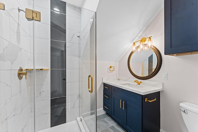 full bathroom with vanity, baseboards, lofted ceiling, a shower stall, and toilet