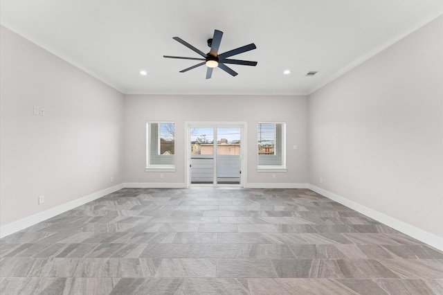 spare room featuring visible vents, recessed lighting, a ceiling fan, and baseboards