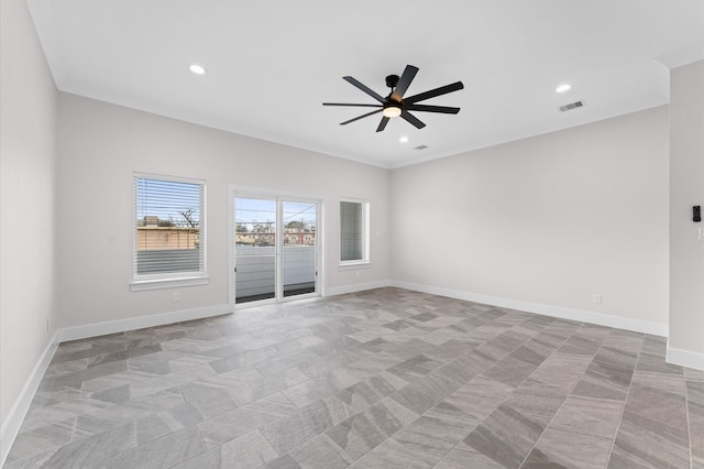 empty room with recessed lighting, visible vents, baseboards, and a ceiling fan