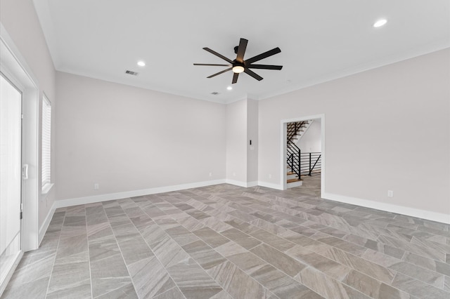 empty room with visible vents, recessed lighting, baseboards, and ornamental molding