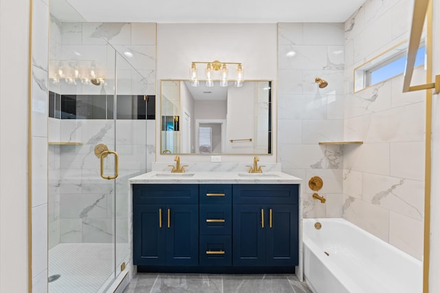 full bath with double vanity, a shower stall, a tub, and a sink