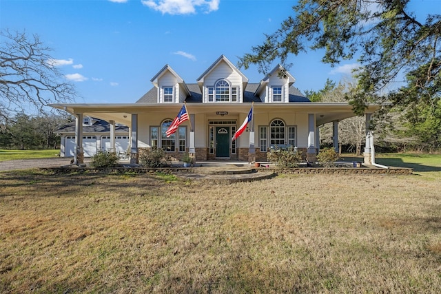 country-style home with a porch and a front lawn