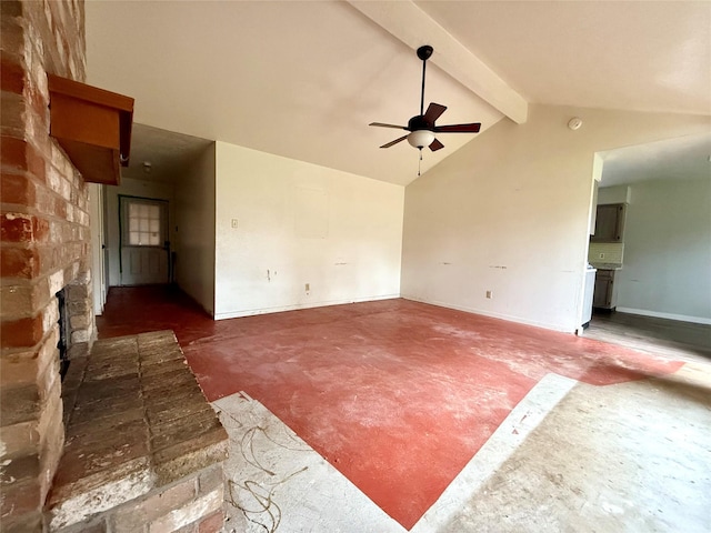 unfurnished living room with beam ceiling, a fireplace, a ceiling fan, concrete flooring, and baseboards