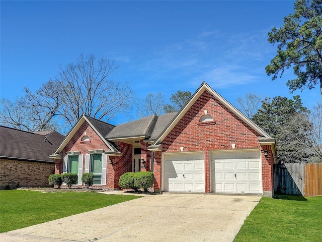 view of front of house featuring concrete driveway, fence, brick siding, and a front yard