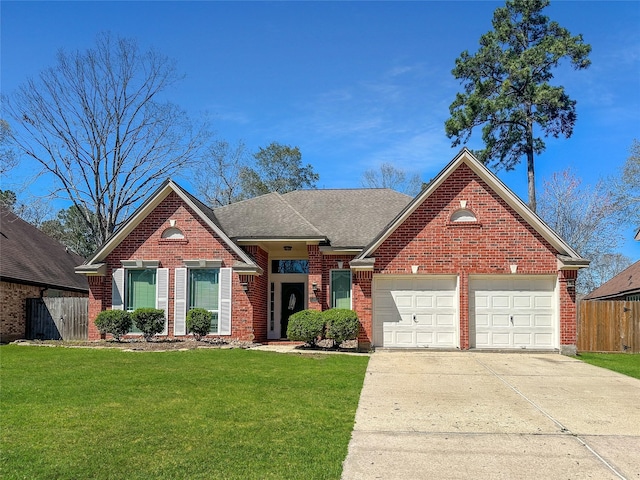 view of front of house featuring a front lawn, driveway, fence, a garage, and brick siding