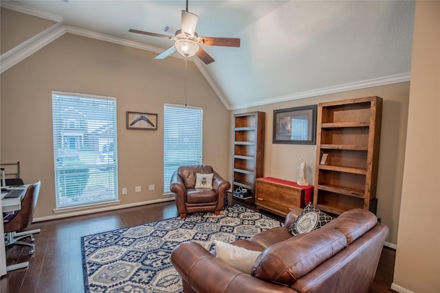 living area featuring dark wood-type flooring, ceiling fan, ornamental molding, and vaulted ceiling