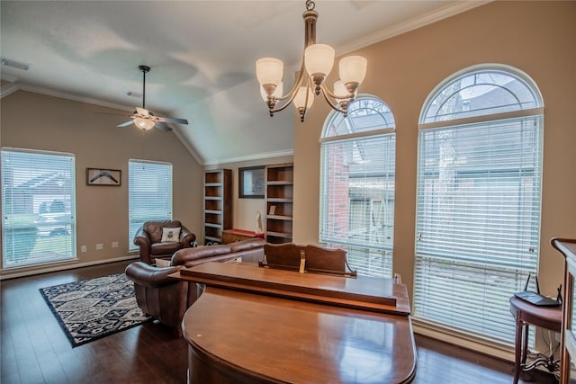 interior space with visible vents, crown molding, dark wood-type flooring, vaulted ceiling, and ceiling fan with notable chandelier