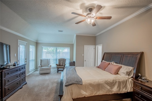 bedroom with ornamental molding, a ceiling fan, visible vents, and light carpet