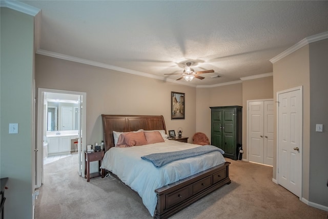 bedroom featuring a textured ceiling, ornamental molding, a ceiling fan, and light carpet