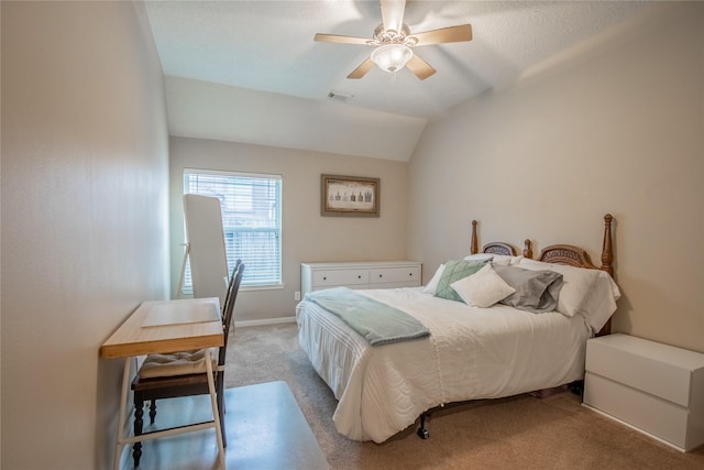 bedroom featuring a ceiling fan, baseboards, visible vents, lofted ceiling, and light carpet