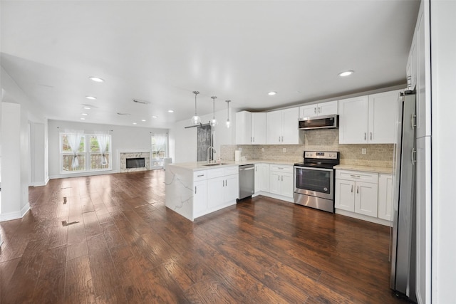 kitchen with appliances with stainless steel finishes, a sink, a peninsula, open floor plan, and dark wood-style floors