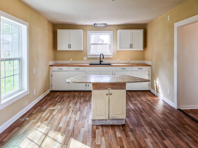 kitchen with a sink, baseboards, and wood finished floors