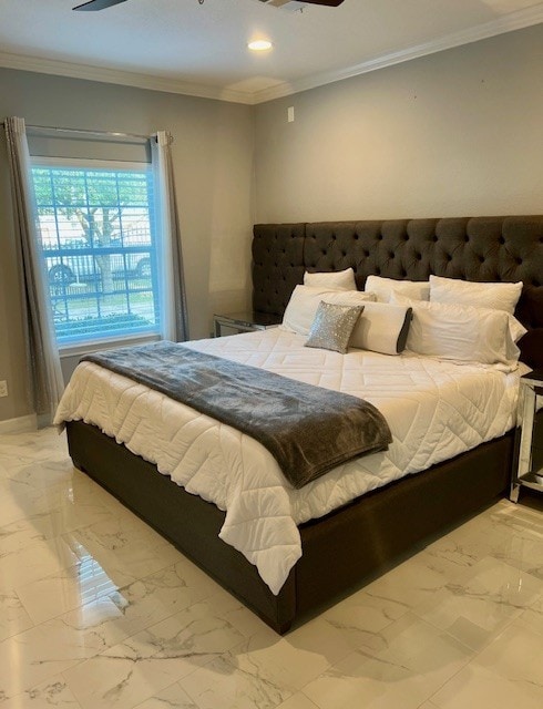 bedroom featuring ornamental molding, marble finish floor, and baseboards