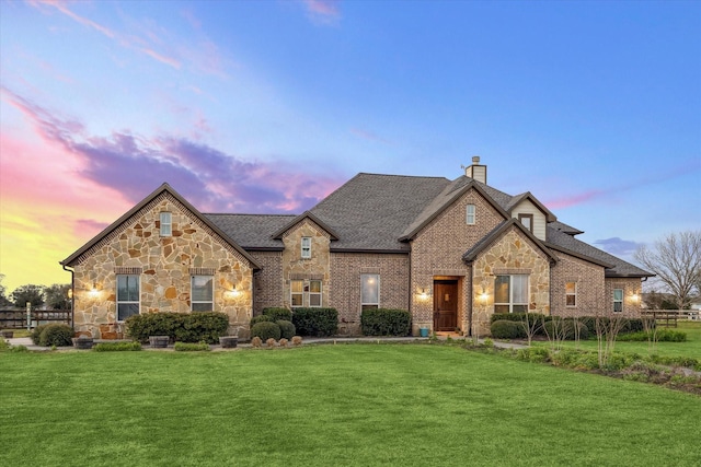 french country style house with a front yard, brick siding, roof with shingles, and a chimney