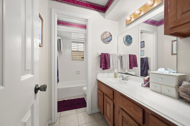 bathroom featuring toilet, shower / bath combination, tile patterned flooring, and vanity