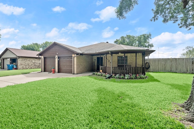 view of front of property featuring an attached garage, brick siding, fence, concrete driveway, and a front yard