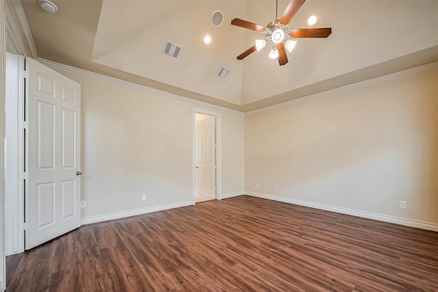 empty room with high vaulted ceiling, baseboards, visible vents, and dark wood-type flooring