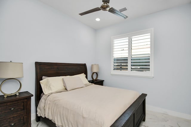 bedroom featuring a ceiling fan, visible vents, baseboards, recessed lighting, and marble finish floor