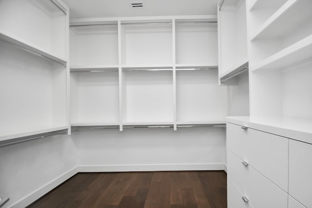 spacious closet with visible vents and dark wood-style floors