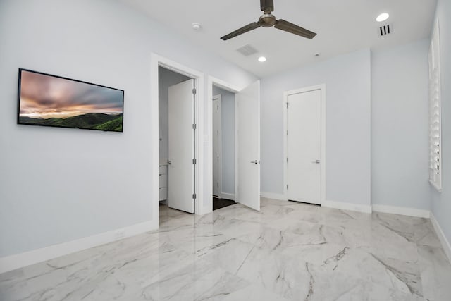 unfurnished bedroom with recessed lighting, visible vents, baseboards, and marble finish floor