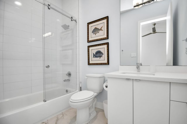 bathroom featuring vanity, baseboards, combined bath / shower with glass door, toilet, and marble finish floor