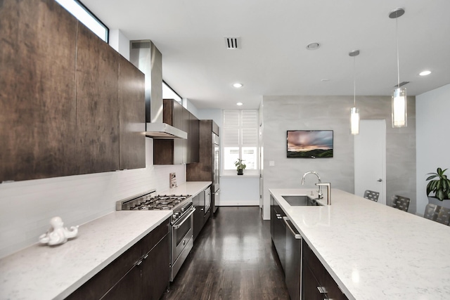 kitchen with visible vents, a sink, ventilation hood, appliances with stainless steel finishes, and dark brown cabinets