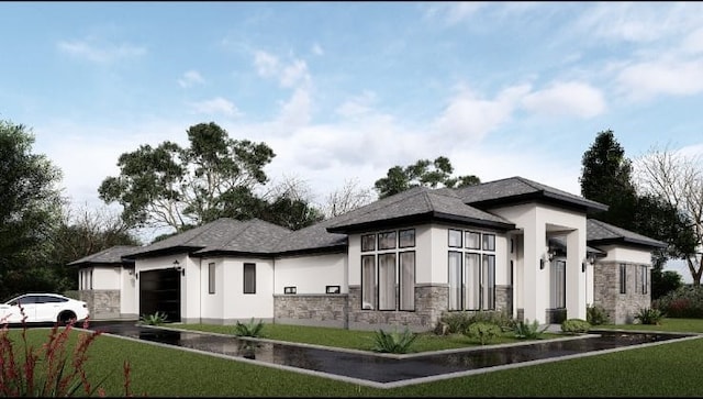 prairie-style home featuring a garage, stone siding, a front lawn, and stucco siding