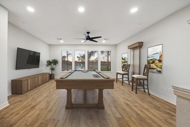 rec room featuring recessed lighting, light wood-type flooring, ceiling fan, and pool table