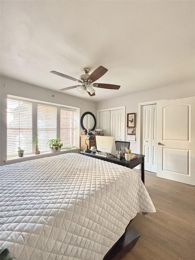 unfurnished bedroom with ceiling fan, wood finished floors, and multiple closets