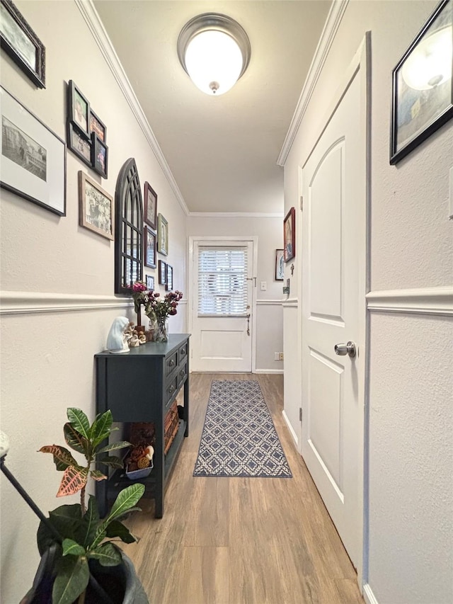 doorway featuring ornamental molding and wood finished floors