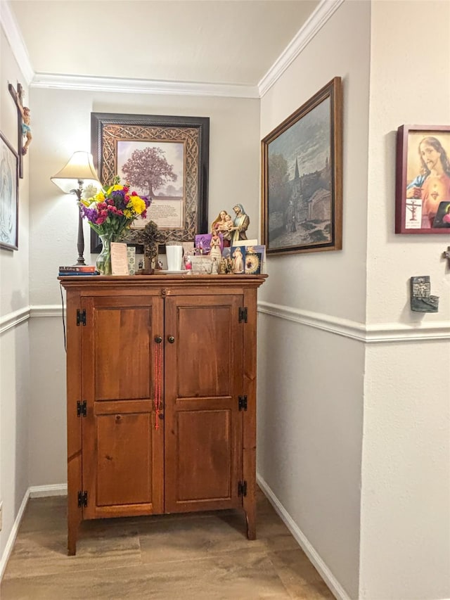 details with baseboards, crown molding, and wood finished floors