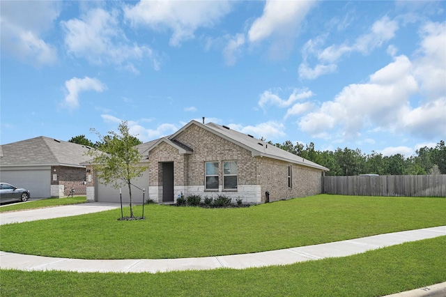 ranch-style house with brick siding, concrete driveway, an attached garage, fence, and a front lawn