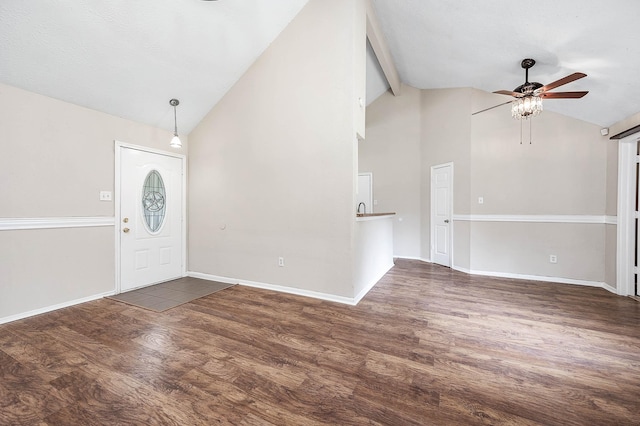 entrance foyer featuring high vaulted ceiling, a ceiling fan, baseboards, and wood finished floors