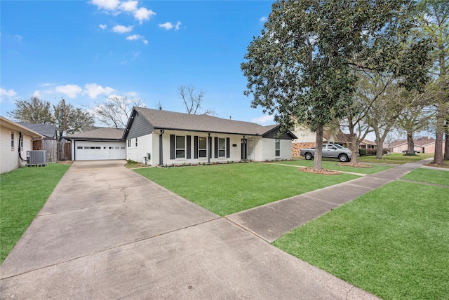 single story home with roof with shingles, central AC, a front lawn, a garage, and brick siding