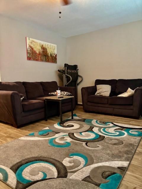 living area featuring ceiling fan and wood finished floors