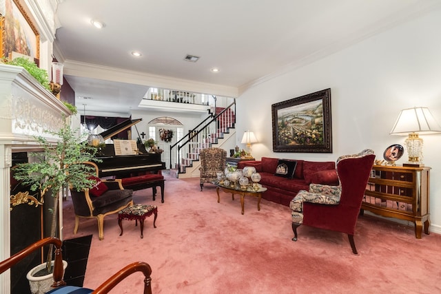 interior space with recessed lighting, carpet flooring, visible vents, stairs, and ornamental molding